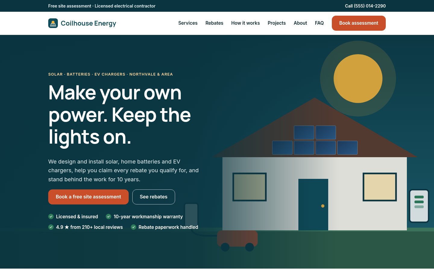 Coilhouse template home page, solar and electrical version, with sample content