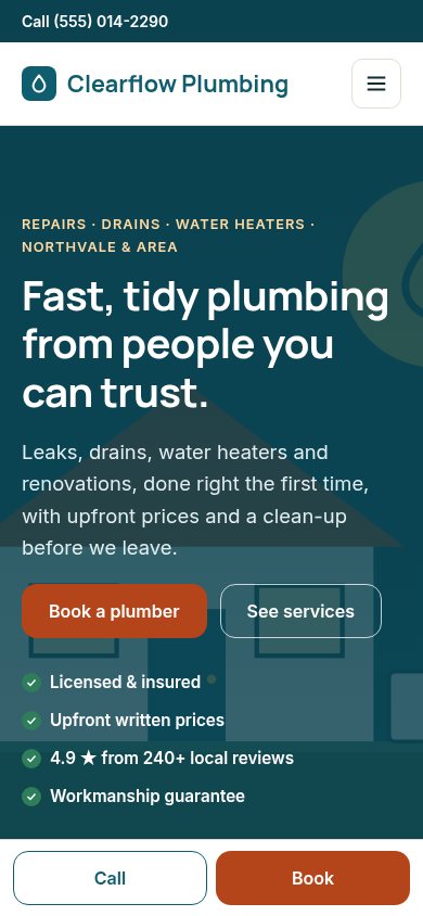 Plumbing version home page on a phone