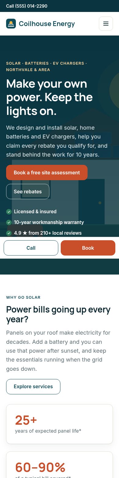 The same template on a phone, with Call and Book buttons