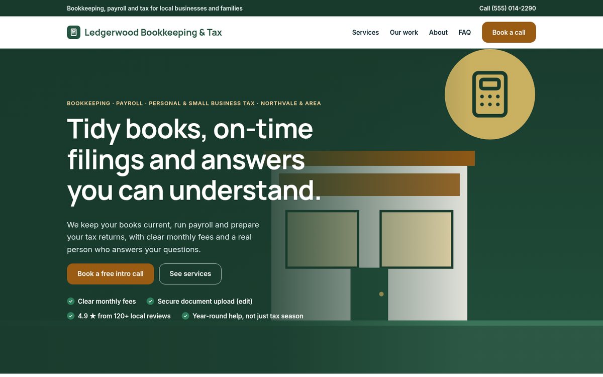 Home page of the Coilhouse Accountants & bookkeepers version with sample content