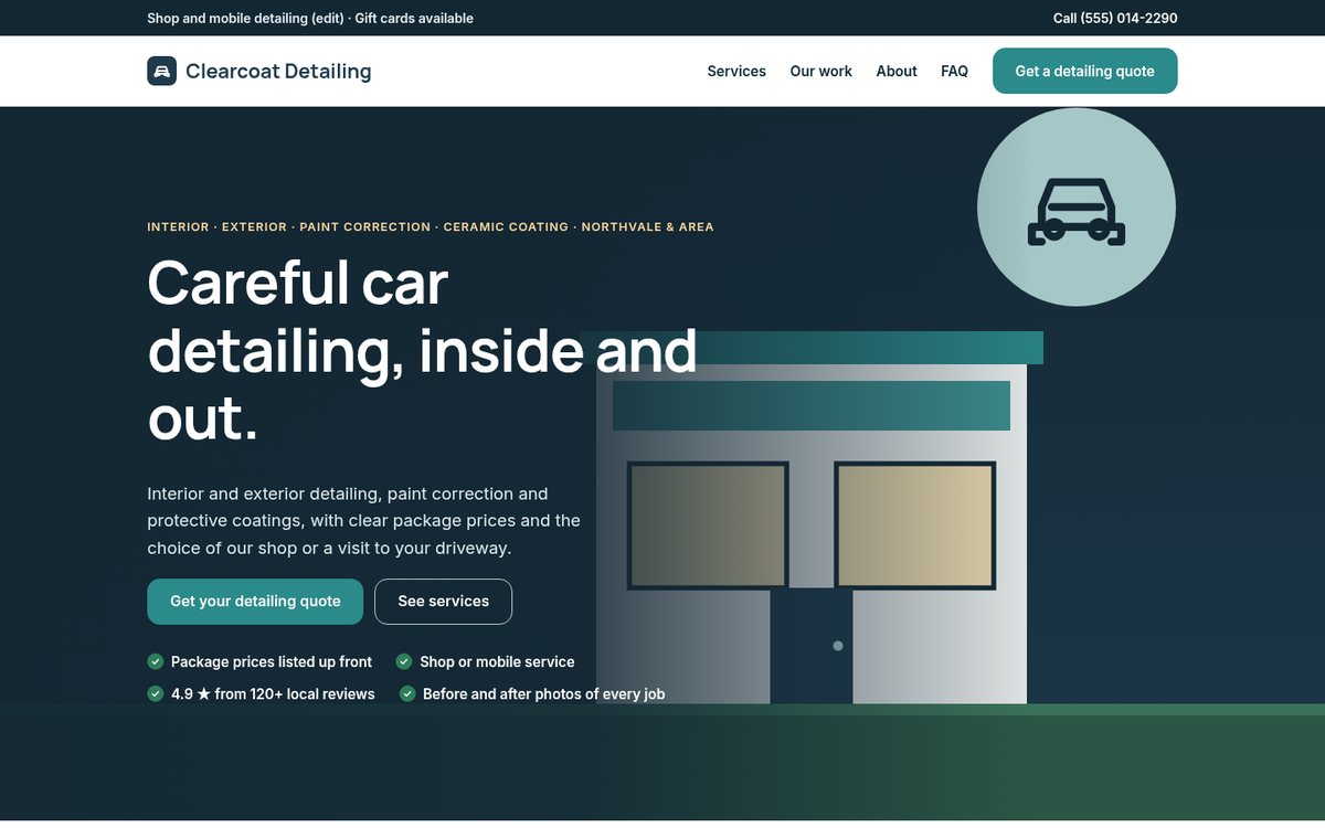 Home page of the Coilhouse Car detailing version with sample content