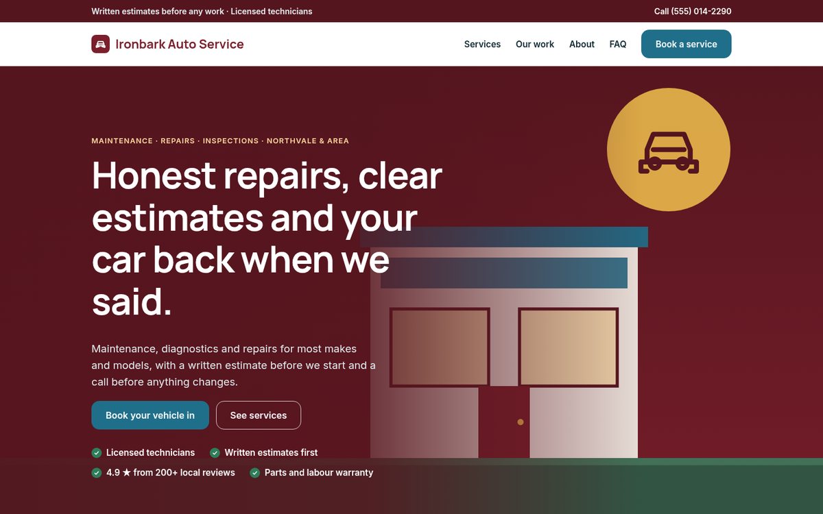 Home page of the Coilhouse Auto repair & mechanics version with sample content