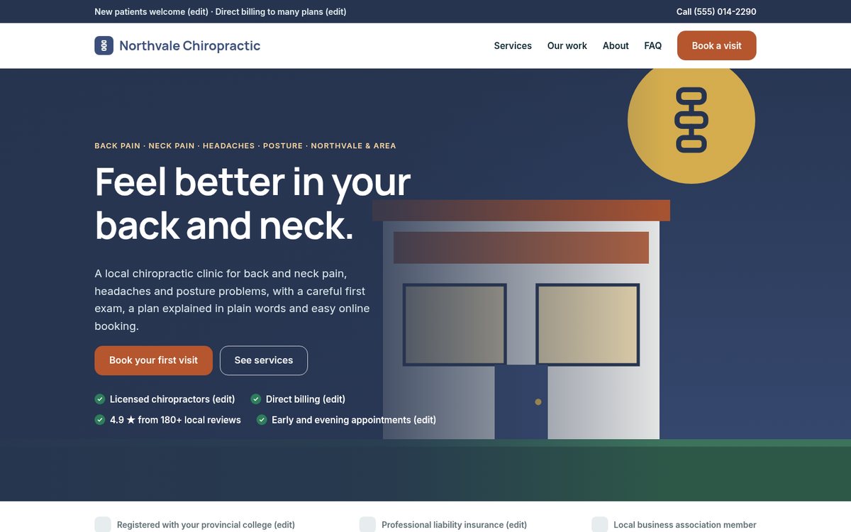 Home page of the Coilhouse Chiropractors version with sample content