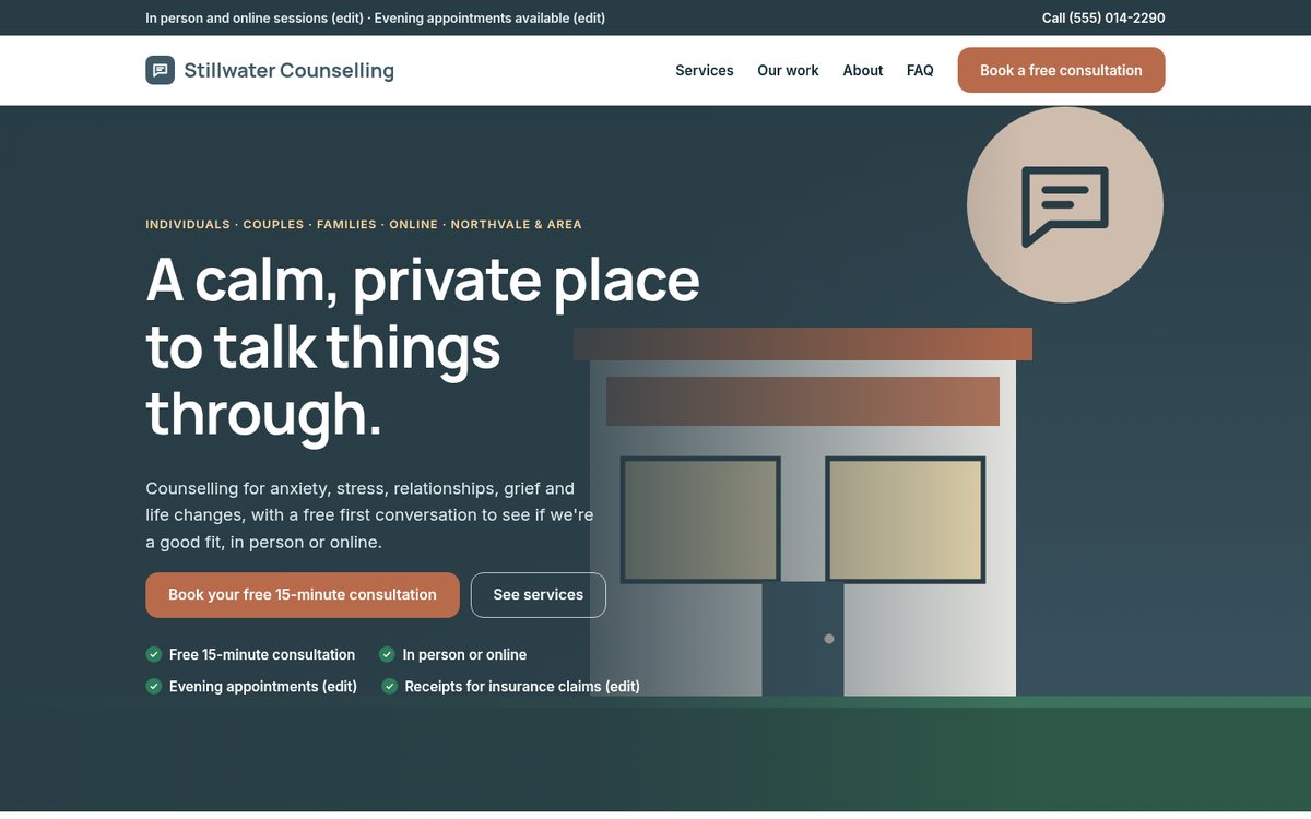 Home page of the Coilhouse Counsellors & therapists version with sample content