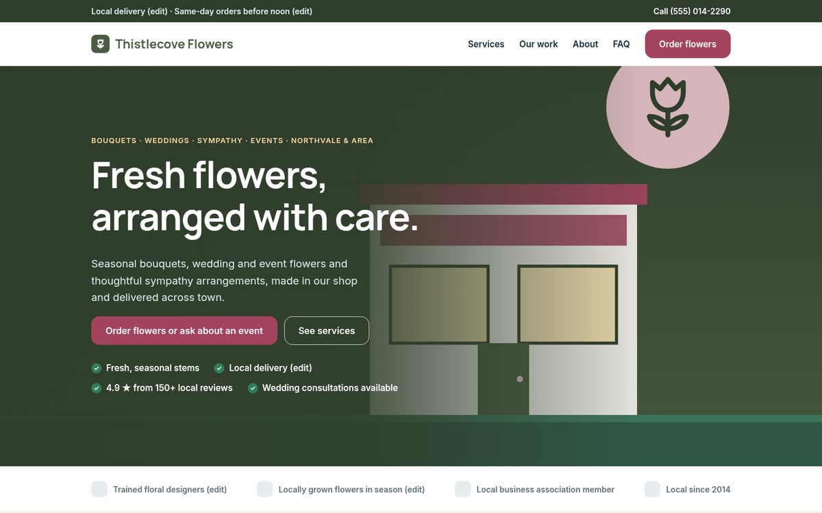 Home page of the Coilhouse Florists version with sample content