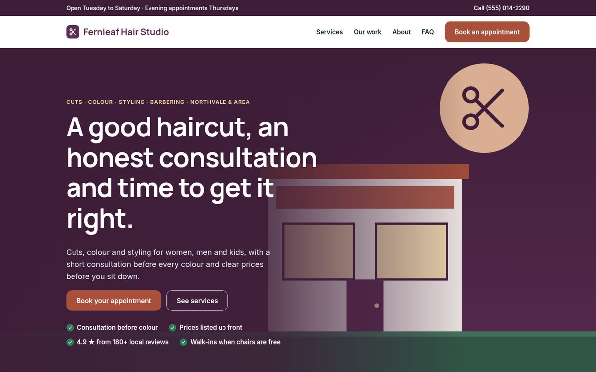 Home page of the Coilhouse Hair salons & barbers version with sample content