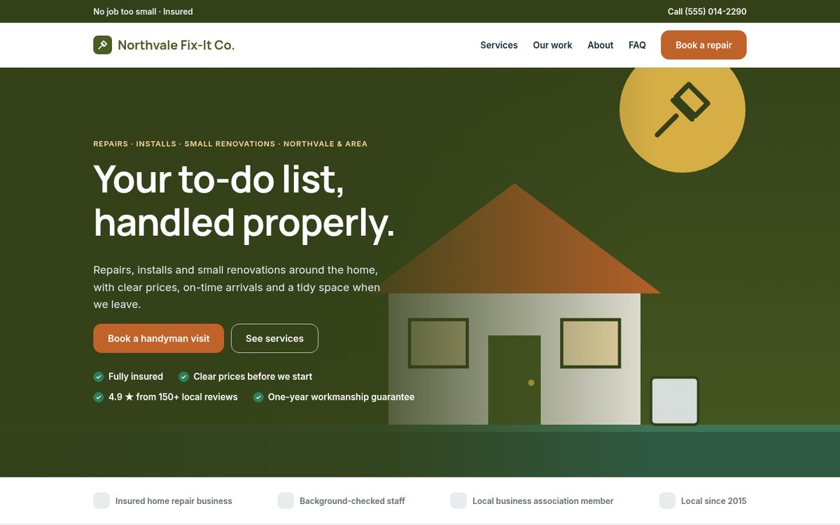 Home page of the Coilhouse Handyman & home repairs version with sample content