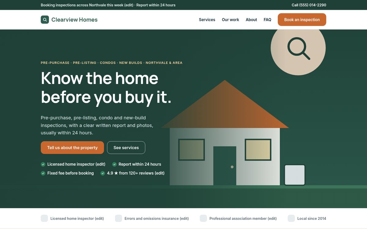 Home page of the Coilhouse Home inspectors version with sample content