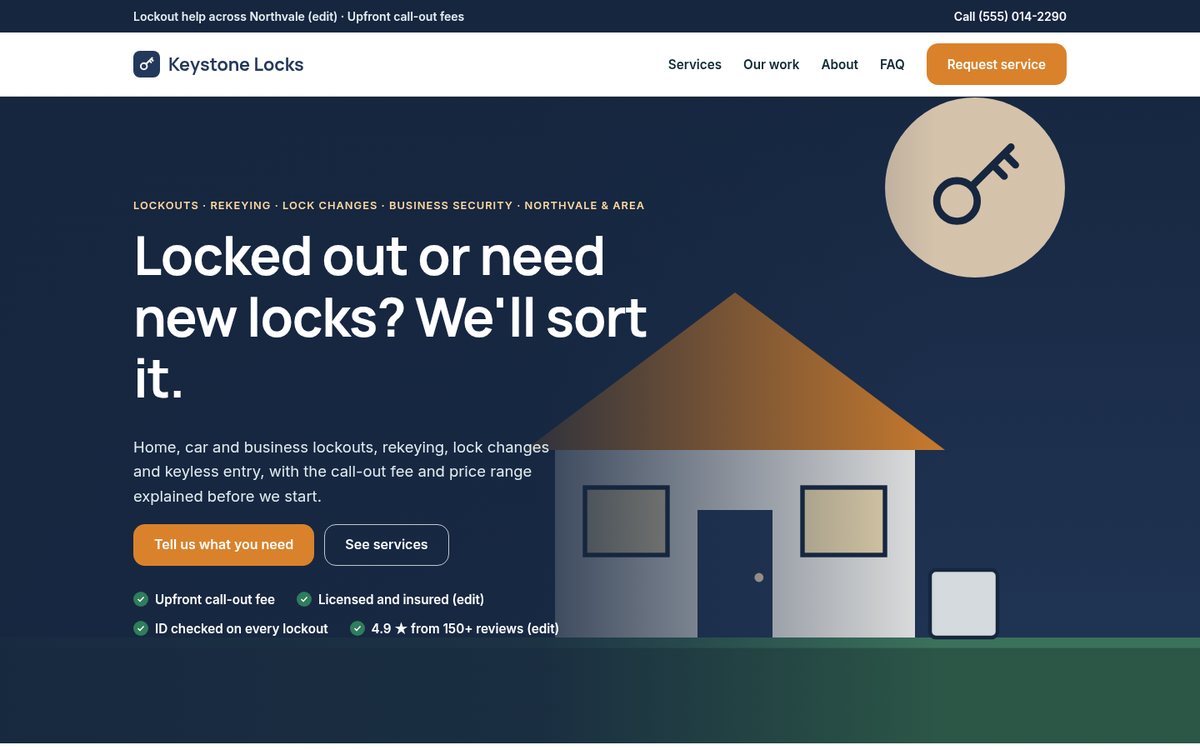 Home page of the Coilhouse Locksmiths version with sample content