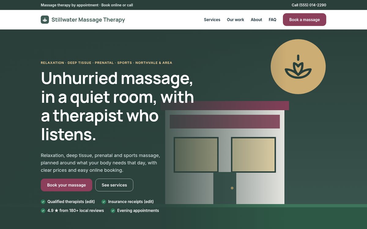 Home page of the Coilhouse Massage therapy version with sample content