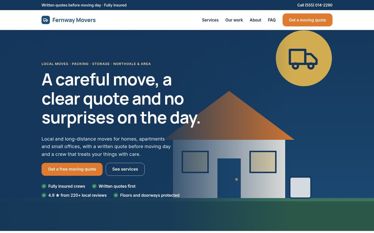 Home page of the Coilhouse Moving companies version with sample content
