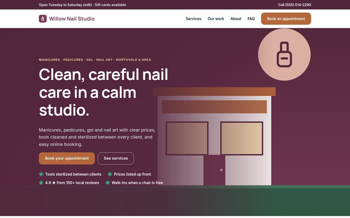 Home page of the Coilhouse Nail salons & spas version with sample content