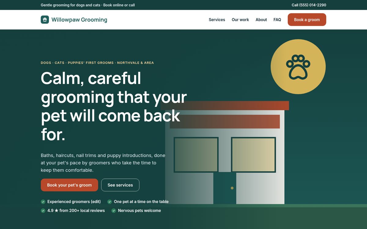 Home page of the Coilhouse Pet grooming version with sample content