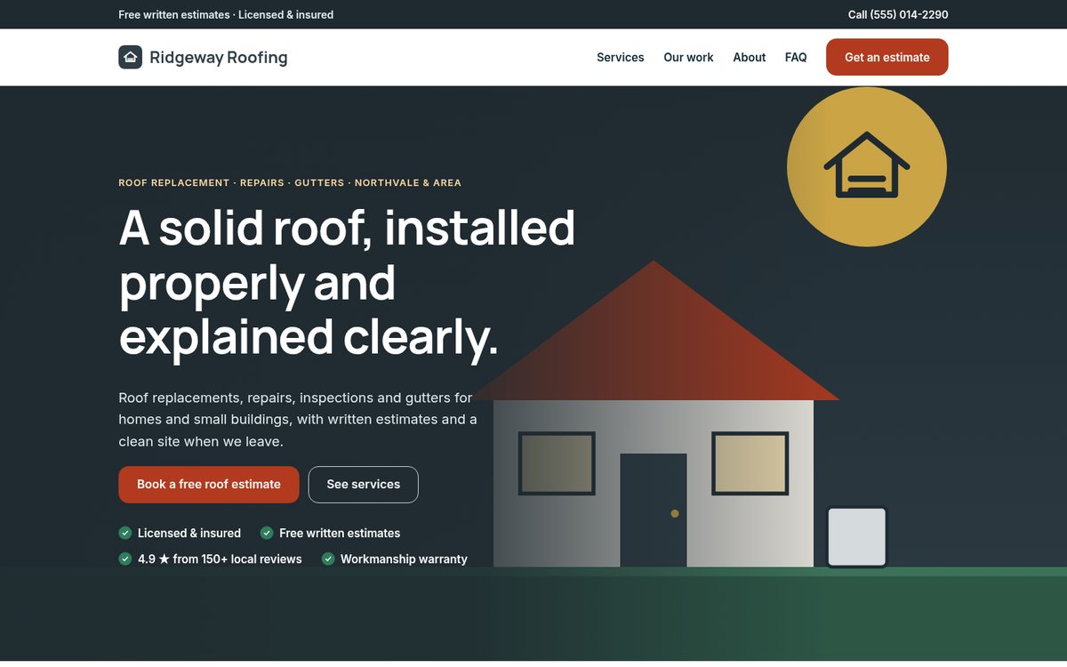 Home page of the Coilhouse Roofing version with sample content
