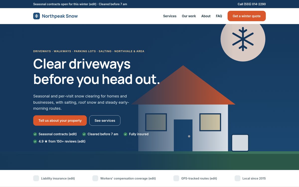 Home page of the Coilhouse Snow removal version with sample content