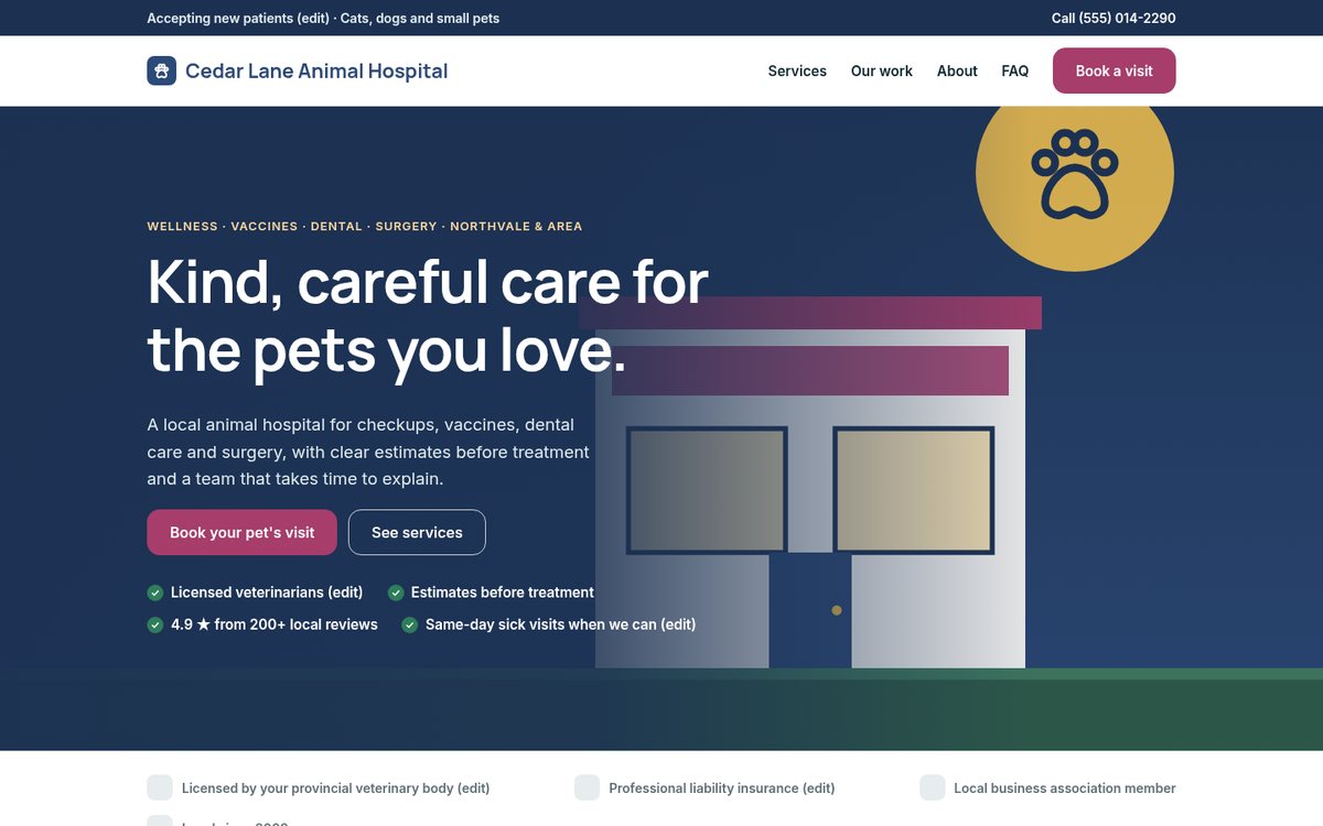 Home page of the Coilhouse Veterinary clinics version with sample content